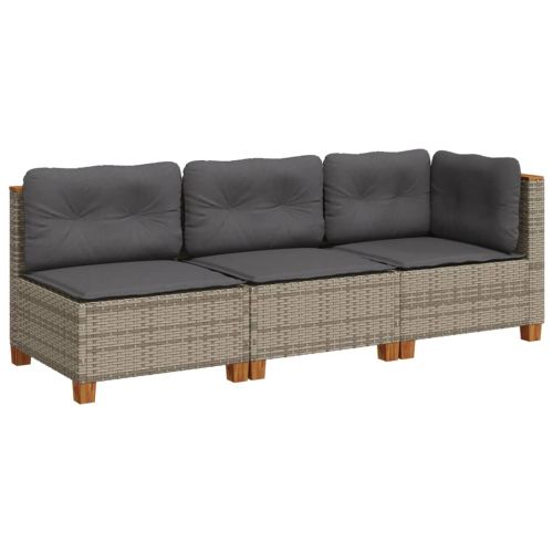Градински диван с възглавници, 3-местен, сив, полиратан