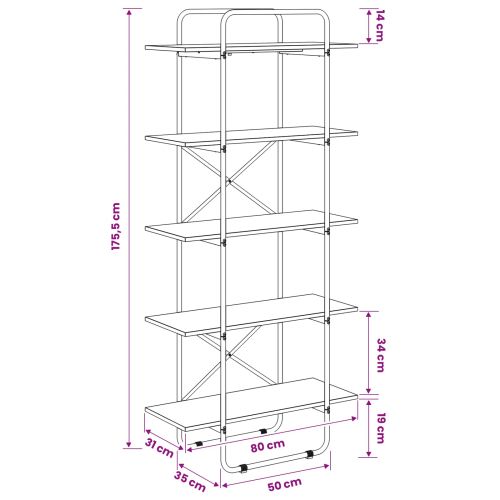 Рафт за книги 5 нива 80 x 35 x 175,5 см PB Опушен дъб