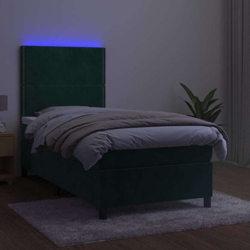 Боксспринг легло с матрак и LED, тъмнозелено, 90x190 см, кадифе