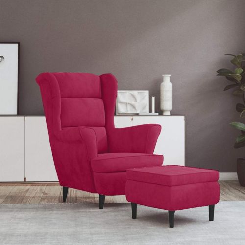 Фотьойл Wingback с табуретка, виненочервен, кадифе