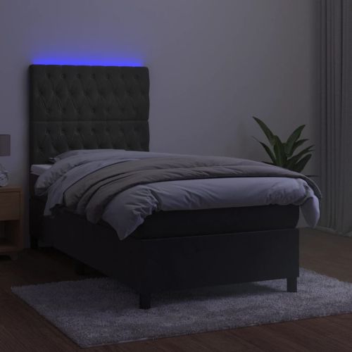 Боксспринг легло с матрак и LED, тъмносиво, 90x190 см, кадифе