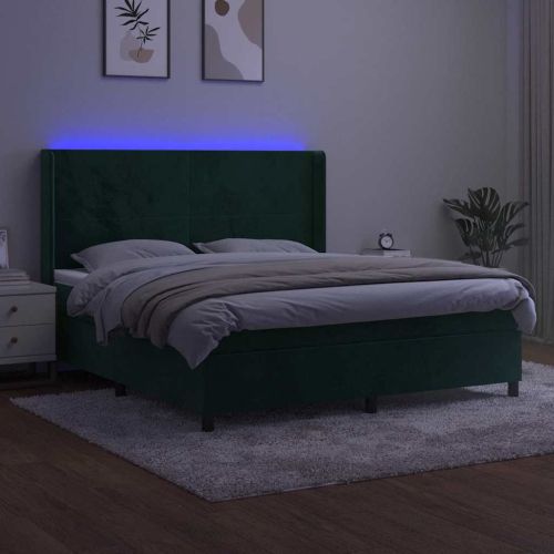 Боксспринг легло с матрак и LED, тъмнозелено, 160x200см, кадифе