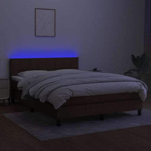 Боксспринг легло с матрак и LED, тъмнокафяво, 140x190 см, плат