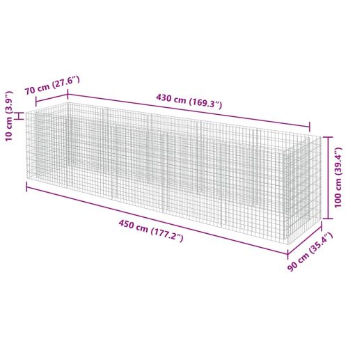 Габион повдигната леха, поцинкована стомана, 450x90x100 cм