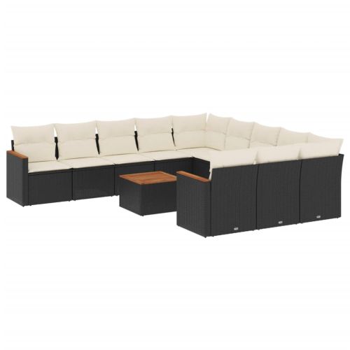 Градински диван с възглавници, 12 части, черен, полиратан