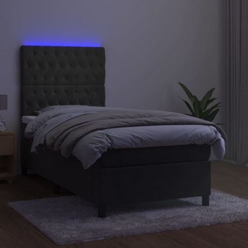 Боксспринг легло с матрак и LED, тъмносиво, 90x200 см, кадифе