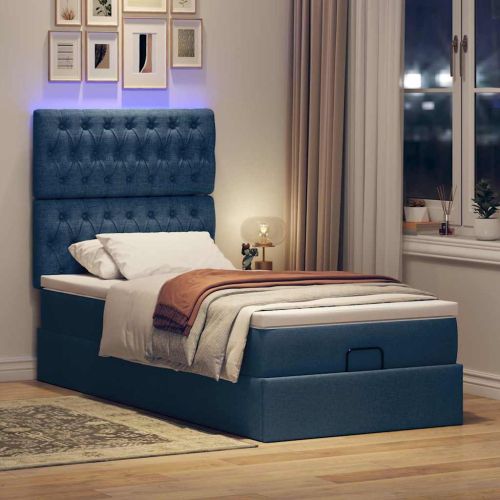 Османска легло с матрак и LED, синьо, 100x200 см, плат