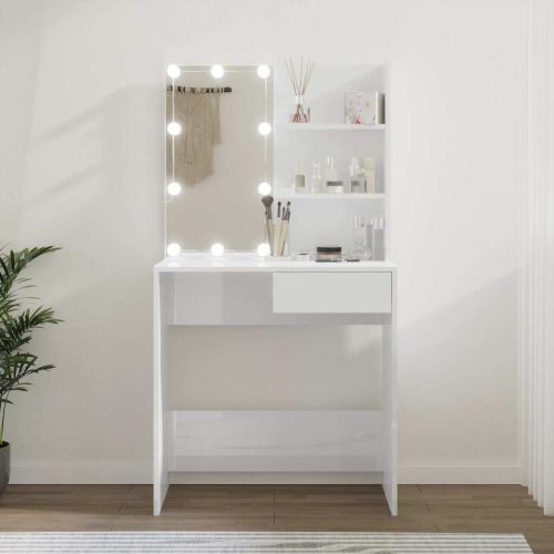 Тоалетка с LED, бял гланц, 74,5x40x141 см
