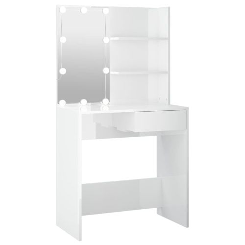 Тоалетка с LED, бял гланц, 74,5x40x141 см