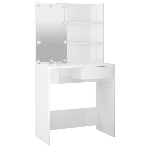 Тоалетка с LED, бял гланц, 74,5x40x141 см