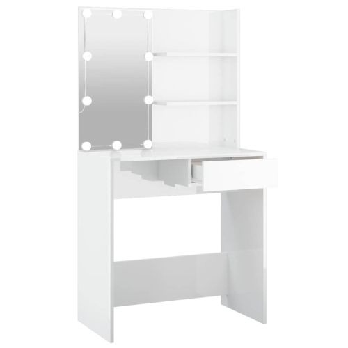 Тоалетка с LED, бял гланц, 74,5x40x141 см