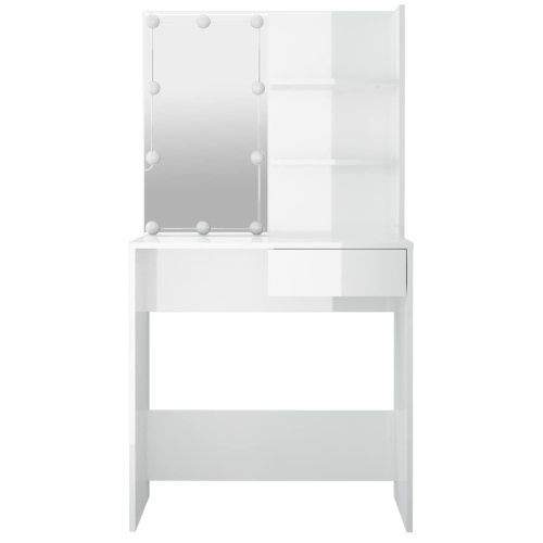 Тоалетка с LED, бял гланц, 74,5x40x141 см