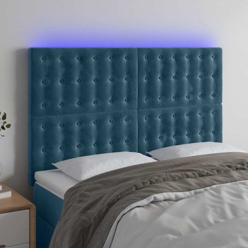 LED горна табла за легло, тъмносиня,144x5x118/128 см, кадифе
