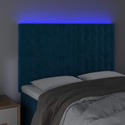 LED горна табла за легло, тъмносиня,144x5x118/128 см, кадифе