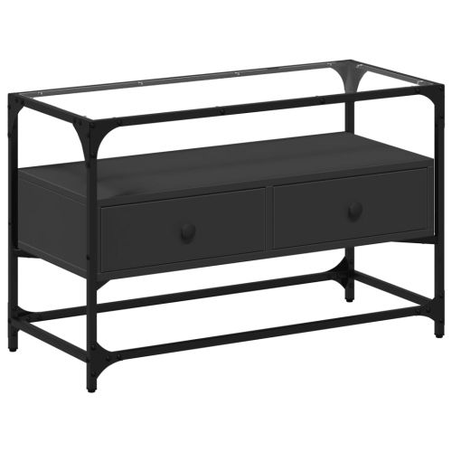 ТВ шкаф със стъклен плот, черен, 80x35x51 см, инженерно дърво