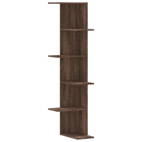 Стенен ъглов рафт кафяв дъб 36,5x36,5x140 см инженерно дърво