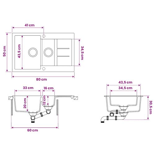 Кухненска мивка с две корита Гранит 80 x 50 x 30.5 см Графит