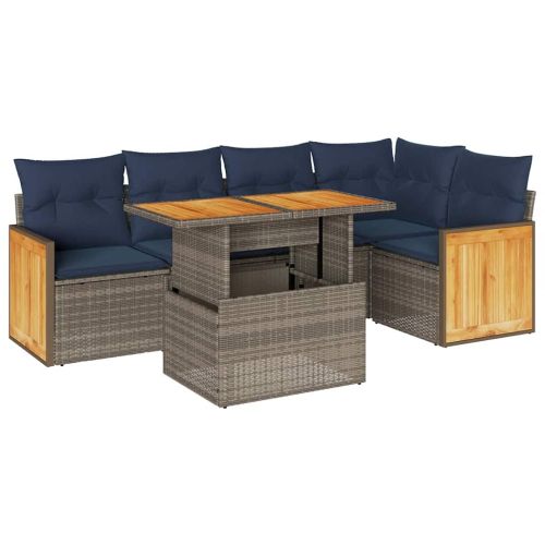 Градински диван с възглавници, 6 части, сив полиратан, акация