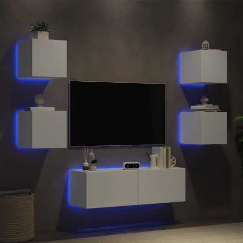 ТВ стенни шкафове, 5 части, с LED светлини, бели