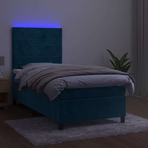 Боксспринг легло с матрак и LED, тъмносиньо, 90x200 см, кадифе