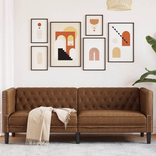 Диван Chesterfield с 3 седалки Кафява изкуствена велурена кожа