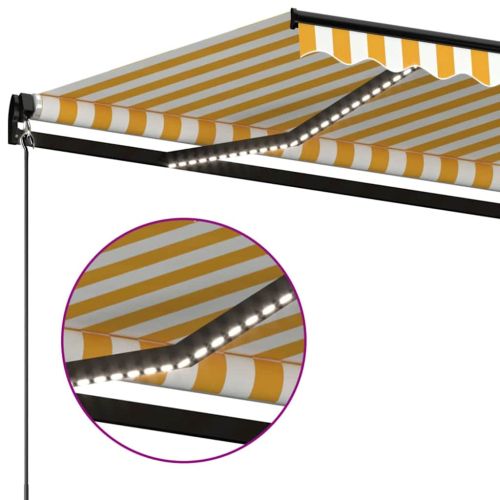 Ръчно прибиращ се сенник с LED, 500x300 см, жълто и бяло