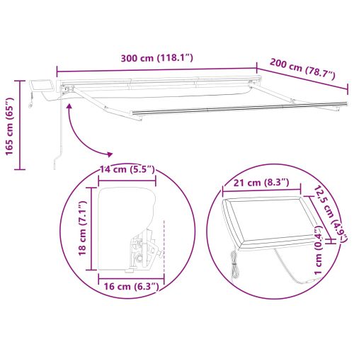 Manual Awning Frame with Solar LED 3 x 2 m Бяло
