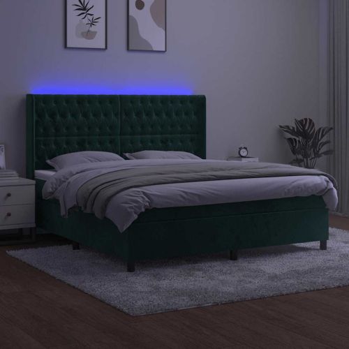 Боксспринг легло с матрак и LED, тъмнозелено, 160x200см, кадифе