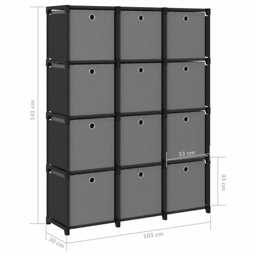 Рафт с 12 кубични отделения с кутии, черен, 103x30x141 см, плат
