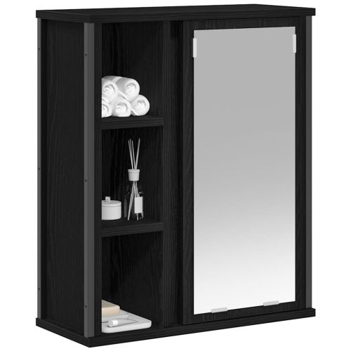 Стенен шкаф за баня с огледало черно и дъб 50x21x60 cm