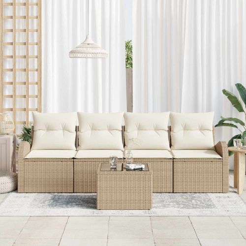 Градински Софа Комплект 5 pcs 4-Seater Бежов и кремав полиратан