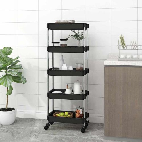 Кухненска количка на 5 нива, черна, 42x29x128 см, желязо и ABS