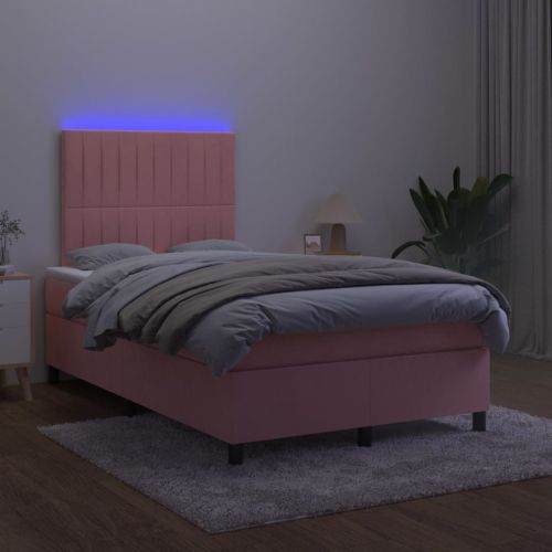 Боксспринг легло с матрак и LED, розово, 120x200 см, кадифе