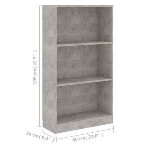3-етажна библиотека бетонно сива 60x24x109 см инженерно дърво