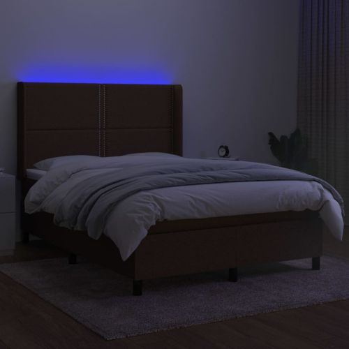 Боксспринг легло с матрак и LED, тъмнокафяво, 140x190 см, плат