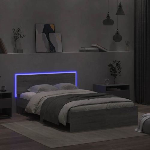 Рамка за легло с табла и LED, сив сонома, 135x190 см