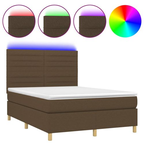 Боксспринг легло с матрак и LED, тъмнокафяво, 140x200 см, плат
