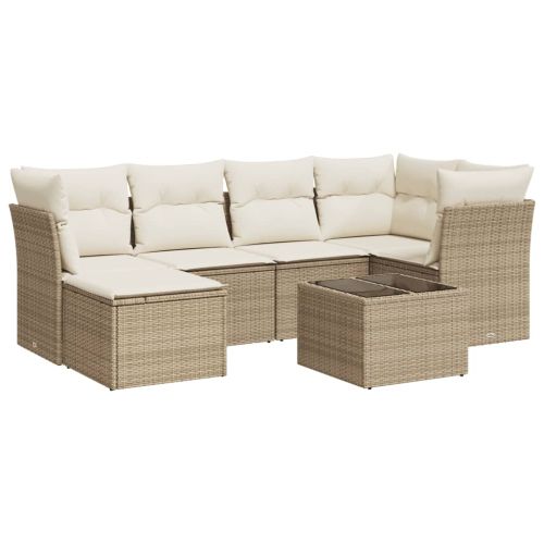 Градински диван с възглавници, 7 части, бежов полиратан
