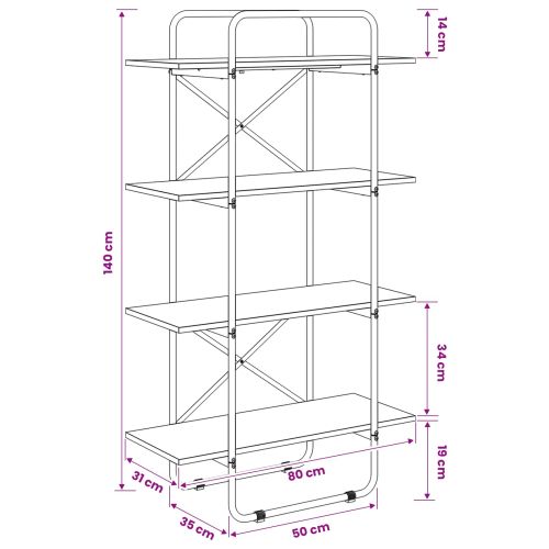 Рафт за книги 4 нива 80 x 35 x 140 см PB Дъбова дървесина