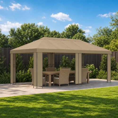 Градинска беседка 6 x 3 m Бежово Полиестер и стомана 190 gsm