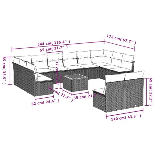 Градински диван с възглавници, 13 части, бежов микс полиратан