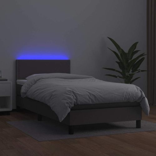 Боксспринг легло с матрак и LED сиво 100x200 см изкуствена кожа