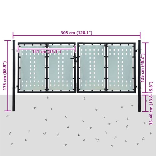 Черна оградна порта с единична врата 300x125 см