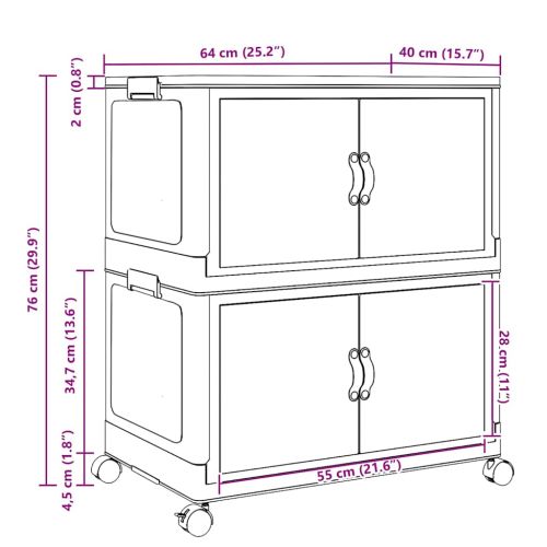 Кутия за съхранение с колела на 2 нива 75 L 64x40x76 cm