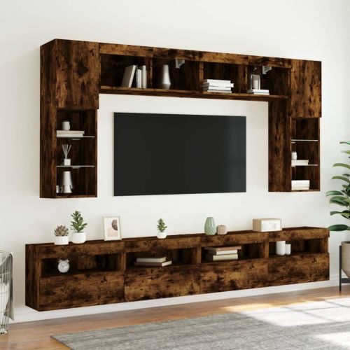 Комплект ТВ стенни шкафове, 8 части, с LED светлини, опушен дъб