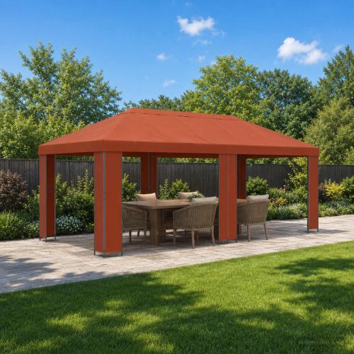 Градинска беседка 6 x 3 m Теракота Полиестер и стомана 190 gsm