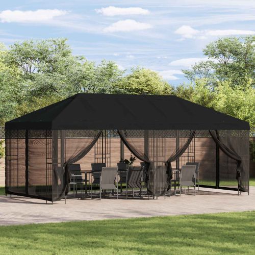 Беседка със страници 6 x 3 m Черно Полиестер и стомана 190 gsm