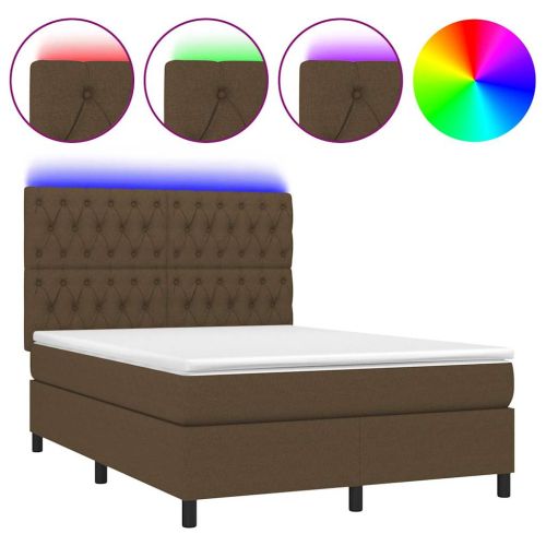 Боксспринг легло с матрак и LED, тъмнокафяво, 140x200 см, плат