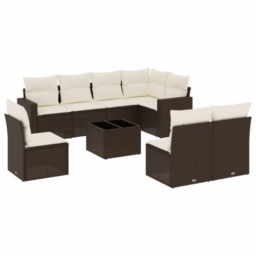 Градински комплект диван с възглавници 9 части кафяв полиратан