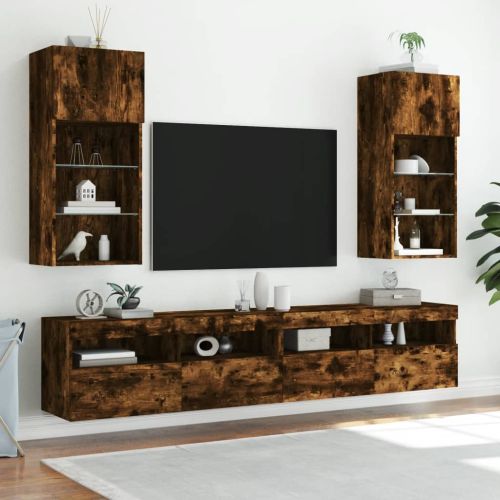 ТВ шкаф с LED осветление, опушен дъб, 40,5x30x90 см